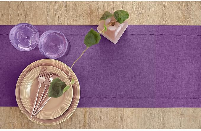 Solino Home Linen Table Runner 90 Inches Long - Classic Hemstitch 100% Pure Linen Purple Dining Table Runner 14 x 90 Inch for Fall, Autumn, Halloween, Thanksgiving-Ruum Studio Home