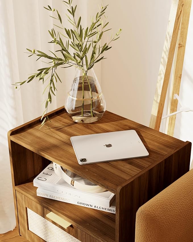 Rattan Nightstand,Modern Bedside Table with Storage Drawer and Open Wood Shelf, for Living Room, Bedroom and Small Spaces, Accent Night Stand with Solid Wood Legs, Easy Assembly,Walnut Brown-Ruum Studio Home