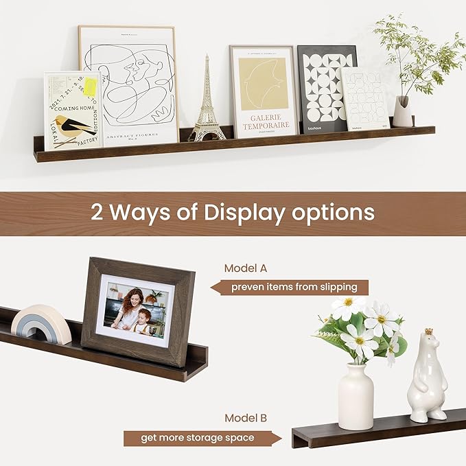 Picture Ledge Shelf, Solid Pine Wood Floating Shelves Set of 2, 40 Inches Nursery Book Shelves for Toys Storage, Kids Bookshelf Wall Mounted for Living Room Bedroom Decor Books Photo Frames, Walnut-Ruum Studio Home
