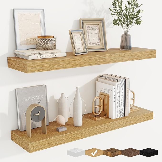 fuqing Floating Shelves for Wall, Bathroom Shelf Wall Mounted for Storage, Shelves with Invisible Bracket for Bedroom, Kitchen, Living Room, Farmhouse Small Book Shelf, 32 Inch Set of 2, Oak-Ruum Studio Home
