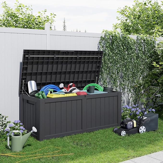 120 Gallon Resin Deck Box, Lockable Patio Outdoor Storage Box for Furniture, Garden Tools and Tools Storage, Waterproof Outside Storage Boxes - Black-Ruum Studio Home