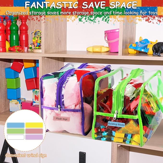 6 Colors Widen X-Large Toy Storage Bags 12.6×9.25×6.9In with Labels, Reusable Clear PVC Board Game Storage, Travel Waterproof Organizer Bags with Zipper for Building Blocks, Puzzle, Stuffed Animals-Ruum Studio Home