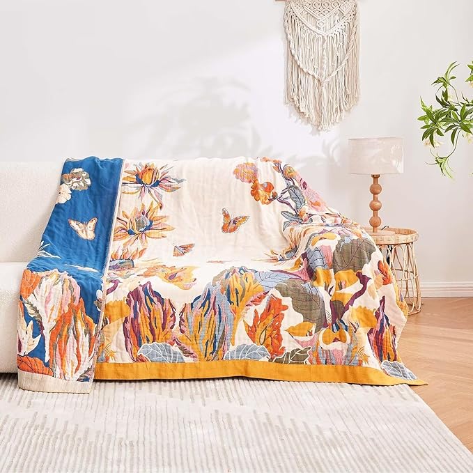 Boho Throw Blanket, 100% Cotton Ultra Soft Luxury Throw Rustic Quilt, 60"x80" Floral Bird Butterfly Farmhouse Decor Bed Blankets, All Season Rustic Reversible Bohemian Throw for Bed - Yellow-Ruum Studio Home