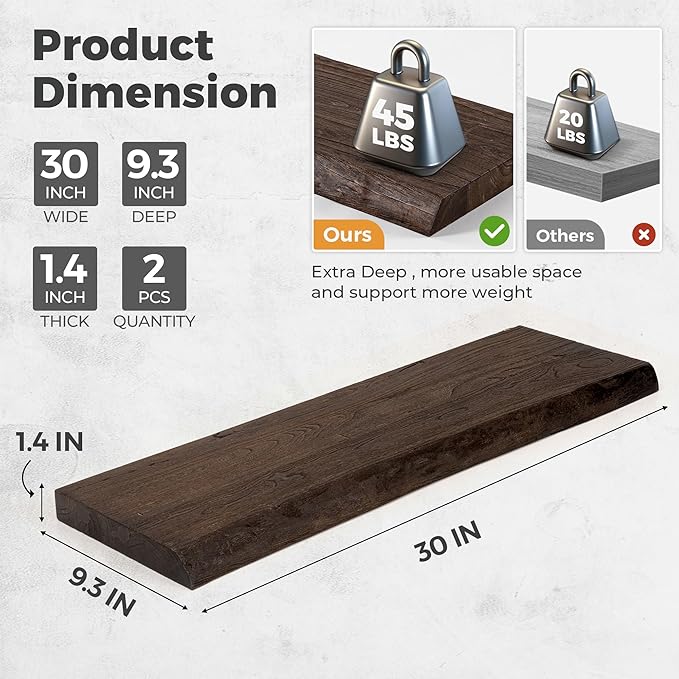 RICHFOCUS Live Edge Elm Floating Shelves - 30" W x 9.3" D Rustic Solid Wood Wall Shelves with Invisible Bracket, Wall-Mounted for Living Room, Bedroom, Kitchen Storage & Display, Set of 2, Walnut-Ruum Studio Home
