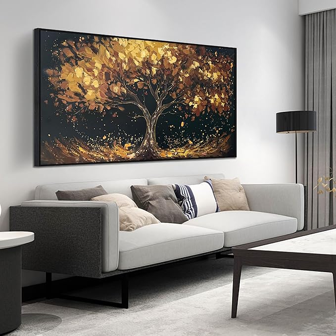 Tree Painting Wall Art for Office - Hand Painted Gold and Black Canvas Wall Art for Living Room - Black Framed Wall Art for Bedroom Size 29" x 59"-Ruum Studio Home