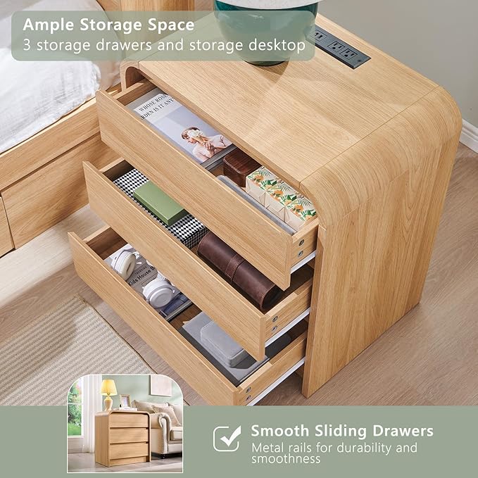 25" Tall Modern Nightstand Set of 2, 23.6" Wide Wood Bedside Table with Charging Station, 3 Storage Drawers Side Table w/Curved Profile Design,End Table for Bedroom, Natural Oak-Ruum Studio Home