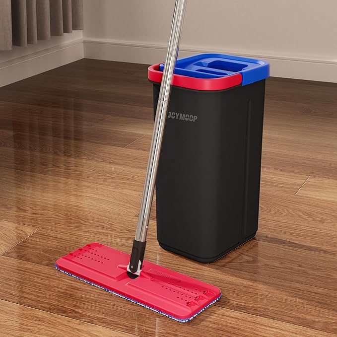 JOYMOOP Mop and Bucket Set for Home, Hands-Free Self-Cleaning System, with 5 Reusable Microfiber Mop Pads, Suitable for Floor Cleaning and Wall Cleaner - Black+Red+Slate Blue-Ruum Studio Home