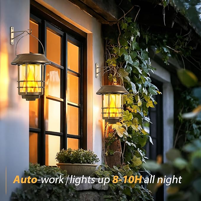 Otdair Solar Wall Lantern Outdoor, Flickering Flames Solar Sconce Lights Outdoor, Hanging Lamps Wall Mount for Front Porch, Patio and Yard, 2 Pack, Yellow Bronze-Ruum Studio Home