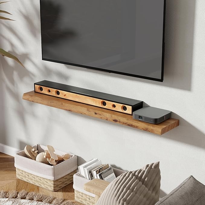 Fun Memories 48" Floating Shelves for Wall, Live Edge Solid Elm Wood Floating Shelf with Invisible Bracket, Wall Mounted Display Wooden Shelves for Bathroom, Kitchen, Bedroom, Natural Color, Set of 1-Ruum Studio Home