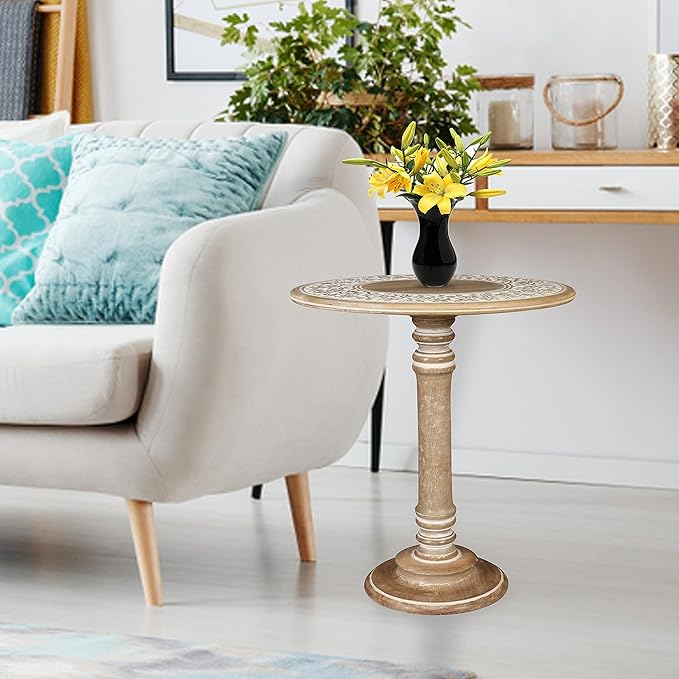 Lightnpro Carved Round End Table with Single Pillar - Handcrafted Accent Bedside Nightstand Side End Table for Living Room, Entryway, Vintage Desk for Books, Plants & Décor - 18x22 Inch - White Wash-Ruum Studio Home