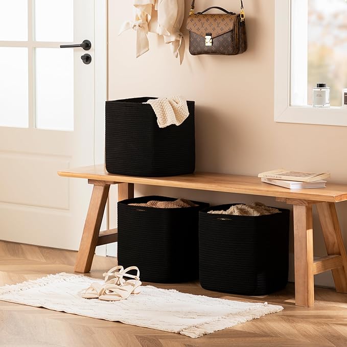 joybest Cube Storage Bins Set of 4, 13inch Cube Baskets Organizer for Nursery, Square Cotton Rope Baskets for Shelves Organizing, Kids Toy, Closet Storage, Black-Ruum Studio Home