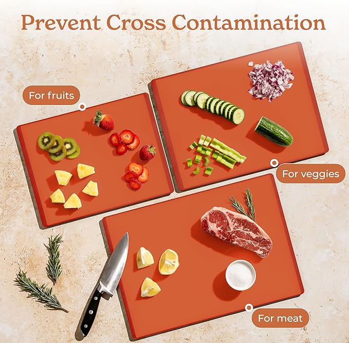 SMIRLY Plastic Cutting Board Set with Holder 3 Pieces, Non-Slip Dishwasher Safe Chopping Boards for Kitchen, Orange-Ruum Studio Home