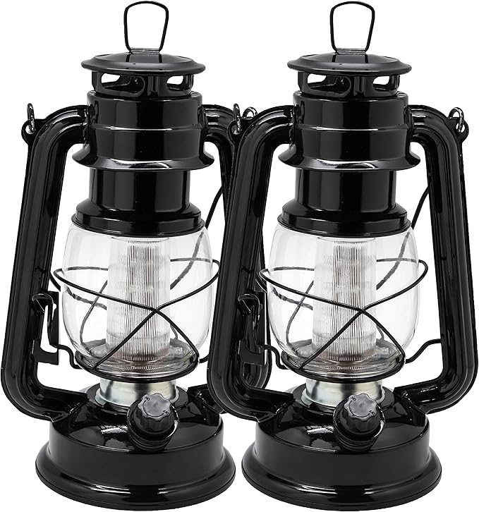 YAKii LED Vintage Lantern Metal Hanging Hurricane 12 LED Dimmer Switch Cold White Battery Operated Power Outage Indoor Camping Lighting Outdoor Brooklyn (Black 2 Pack)-Ruum Studio Home