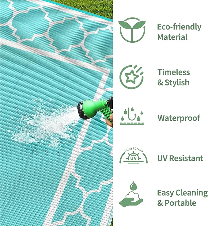 GENIMO 6' x 9' Outdoor Rug Waterproof for Patio Decor, Reversible Plastic Straw Area Mats Carpet for Camper Clearance, Outside Carpet for Rv, Deck, Porch, Beach, Balcony, Aqua Blue & White-Ruum Studio Home