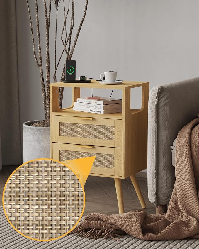 Rattan Nightstand with Charging Station,Modern Bedside Table with 2 Storage Drawer and Open Wood Shelf, for Bedroom and Small Spaces,Night Stand with Solid Wood Legs (Yellow Oak)-Ruum Studio Home