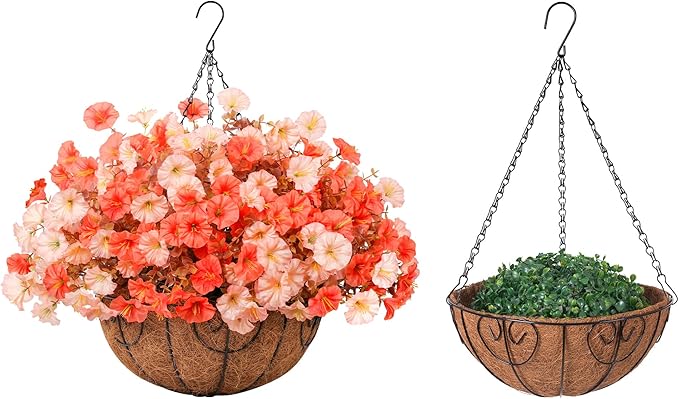 Artificial Fall Flowers Fake Hanging Plants Flowers Basket for Outdoors Autumn Decoration, Silk Morning Glory with Eucalyptus Look Real UV Resistant Faux Flowers for Outside Porch Patio Balcony, Mix-Ruum Studio Home