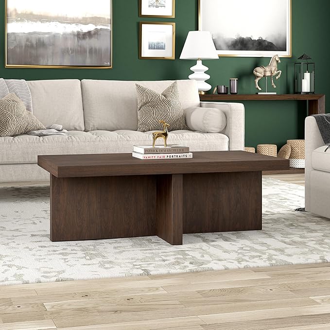Henn&Hart 44" Rectangular Wood Pedestal Low-Profile Coffee Table for Living Room, Family Room, or Office, Alder Brown-Ruum Studio Home