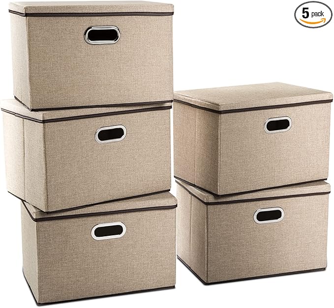 PRANDOM Large Collapsible Storage Baskets with Lids [5-Pack] Jute Fabric Foldable Storage Bins Boxes Organizer Containers Cube with Cover for Home Bedroom Closet Office Nursery (17.7x11.8x11.8)-Ruum Studio Home