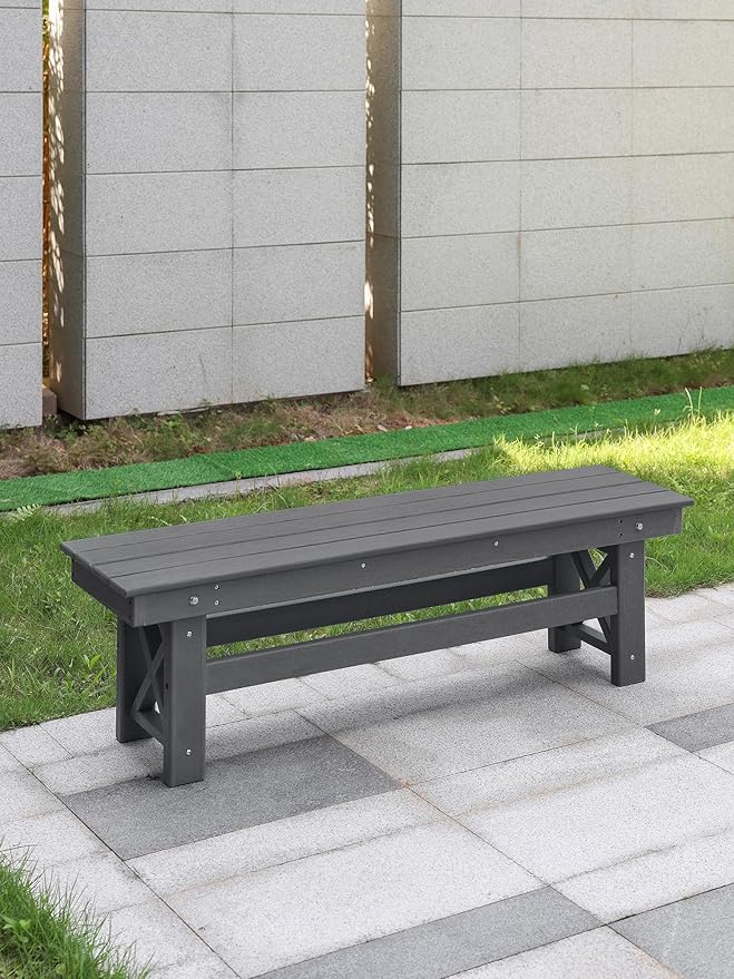 HDPE Outdoor Bench, 55" Patio Bench Outdoor Furniture, Poly Lumber Adirondack Benches, Fade-Resistant HDPE Garden Backless Benches for Park, Poolside, Porch, Smoke Gray-Ruum Studio Home