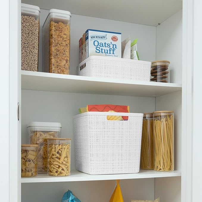 Curver Jute Decorative Plastic Organization and Storage Basket Perfect Bins for Home Office, Closet Shelves, Kitchen Pantry and All Bedroom Essentials, White, Large Cube, Set of 4-Ruum Studio Home