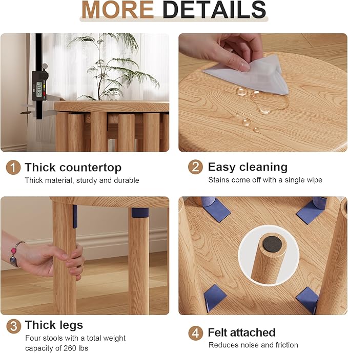 Stackable Stools Set of 4,4-in-1 Wood Stool,Round Wooden Stools with Anti-Slip Foot Pads for Kitchen,Bedroom,Living Room,Bar,No Assembly Required Durable and Space-Saving Design,18 inch (Natural)-Ruum Studio Home