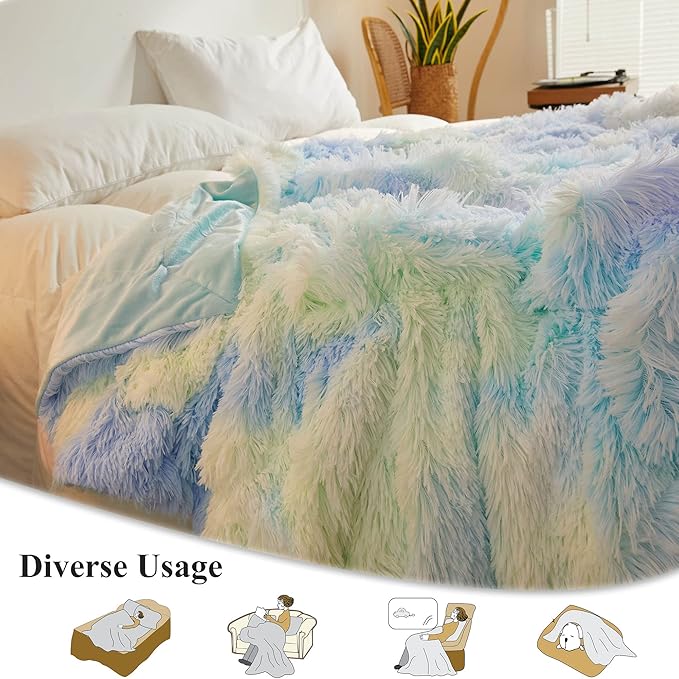 XeGe Plush Faux Fur Rainbow Throw Blanket, Tie Dye 50x60 Shaggy Furry Blanket Throw, Fluffy Microfiber Velvet Couch Blanket, Soft Colorful Fuzzy Lap Blanket for Girls Teens Women Kid Rainbow Blue-Ruum Studio Home