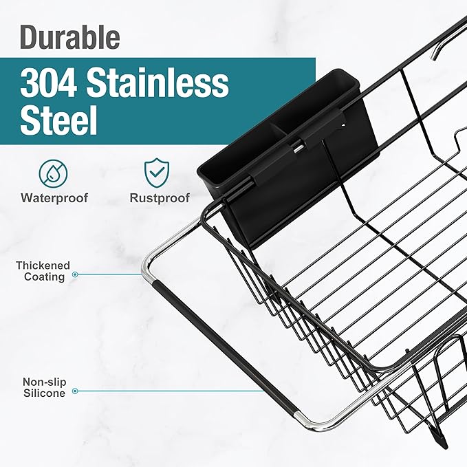 Dish Drying Rack in Sink, Over The Sink Colander Strainer Basket, Stainless Steel Strainer Basket with Expandable Rubber Grip Handles for Vegetables, Fruits, Home Kitchen Essentials, Black-Ruum Studio Home