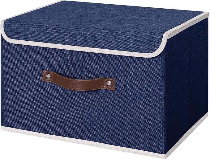 ANMINY Storage Bin with Lid Storage Boxes with PU Leather Handles PP Plastic Board Decorative Foldable Lidded Cotton Linen Fabric Home Cubes Baskets Closet Organizer Container - Blue, Large Size-Ruum Studio Home