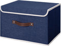 ANMINY Storage Bin with Lid Storage Boxes with PU Leather Handles PP Plastic Board Decorative Foldable Lidded Cotton Linen Fabric Home Cubes Baskets Closet Organizer Container - Blue, Large Size-Ruum Studio Home