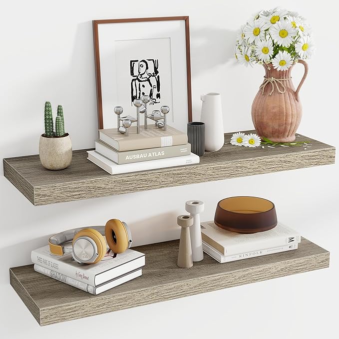 36 Inch Floating Shelves, 12 Inch Deep Floating Shelves for Wall, Floating Shelf with Invisible Brackets, Deep Shelves for Bathroom, Bedroom, Living Room, 2 Pack, Vintage Gray Oak-Ruum Studio Home