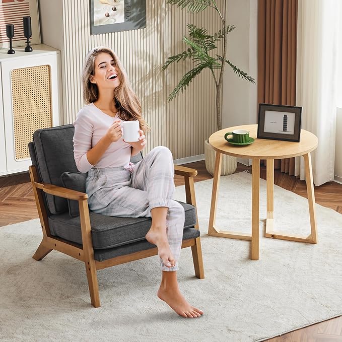 Karl home Accent Chair Wide Armrest Mid-Century Lounge Chair Linen Fabric Armchair with Lumbar Pillow & Solid Wood Frame for Living Room, Bedroom, Balcony, Gray-Ruum Studio Home