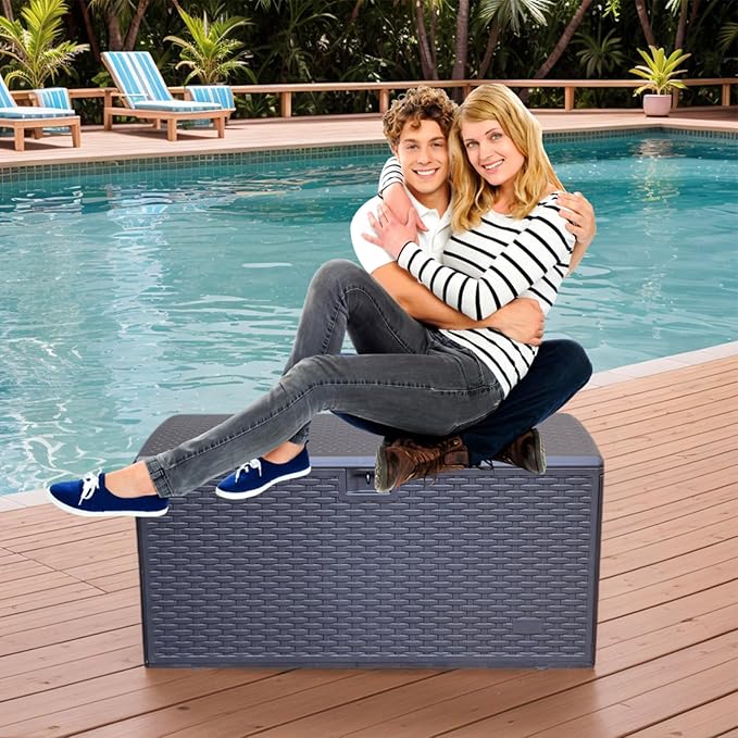73 Gallon Large Storage Box with Lid,Waterproof Outdoor Storage Container for Patio Furniture Cushions, Gardening Tools, Pool Accessories, Lockable Resin Deck Box with handle Brown-Ruum Studio Home