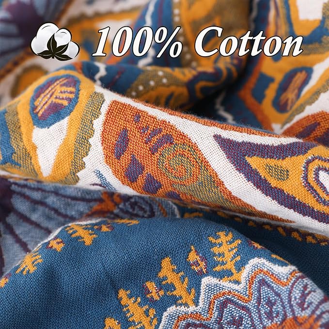 Snycler Boho Throw Blanket for Bed - 100% Cotton Ultra Soft Rustic Quilt Blanket Orange Green Printed Farmhouse Decor Bed Blankets, 80"×90" All Season Rustic Throw for Sofa Couch Chair-Ruum Studio Home