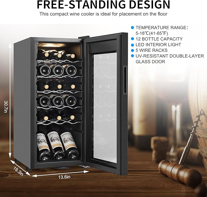 Wine Cooler Refrigerator 18 Bottles, Small Wine Fridge Mini Wine Fridge Countertop with Glass Door Wine Cellars for Red Wine, Champagne, Dry White Wine, Sparkling Wines-Ruum Studio Home