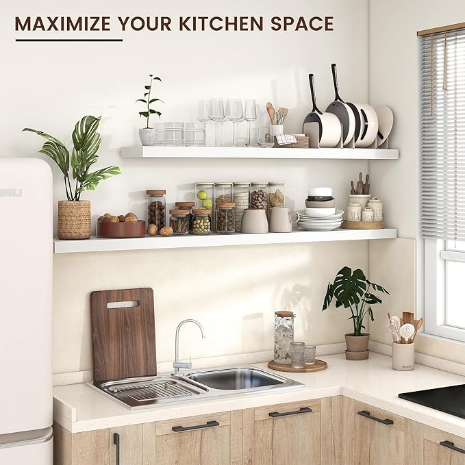 Floating Shelves for Wall, Large Wall Mounted Shelves with Invisible Brackets, Long Wood Floating Shelf for Living Room, Bedroom, Kitchen, (White, 72" W x 9" D x 1.5" H)-Ruum Studio Home