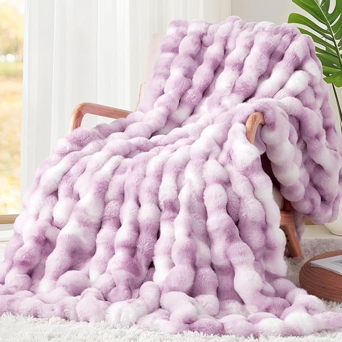 Touchat Luxury 1000GSM Faux Rabbit Fur Throw Blanket for Women, Super Heavy Warm Cozy Blankets for Couch Bed Sofa, Bubble Plush Fuzzy Soft Mink Blanket for Living Room Bedroom, Purple-Ruum Studio Home