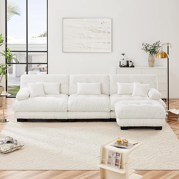 Modern L-Shaped Couch, 3-Seater Cloud Couch with Round Bolster Armrests, Oversized Loveseat Sectional Sofa, Chenille Fabric, White-Ruum Studio Home