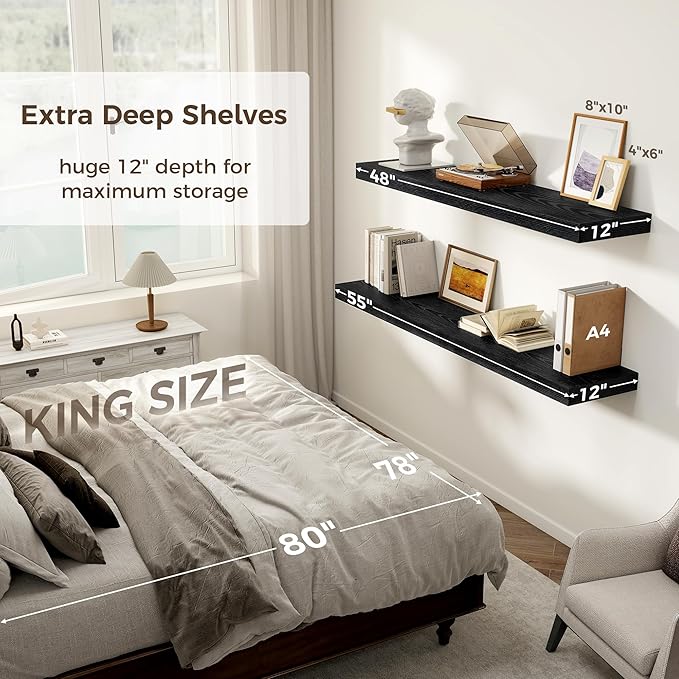Black Floating Shelves 48 Inch Long, 12 Inch Deep Floating Shelves for Wall, 48 x 12 Large Wall Shelves for Home Storage & Display, 2" Thicked Floating Shelf for Bedroom, Living Room, 1 Pack-Ruum Studio Home