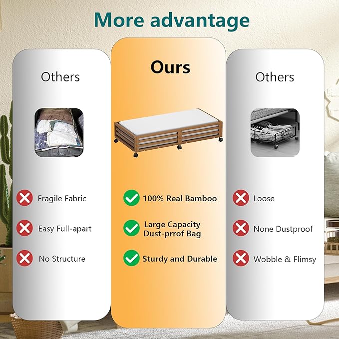 Bamboo Under Bed Storage Containers- Underbed Organizer with Wheels with Large Dust Bag,Sturdy Wood Rolling Under the Bed Shoe Storage Organizer Drawer 2 Packs (Walnut, Long)-Ruum Studio Home