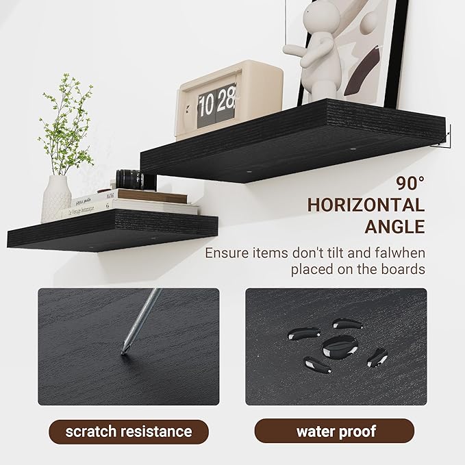 24 Inch Floating Shelves, 24"x9.25"x1.5" Inch Deep Floating Shelves for Wall, Wooden Shelves for Bathroom, Bedroom, Living Room, Black-Ruum Studio Home