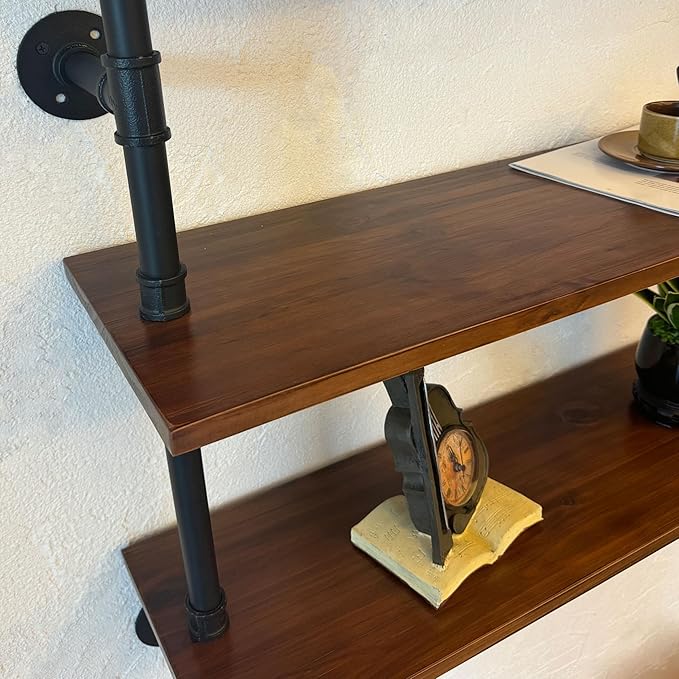 ROGMARS Industrial Pipe Wall Shelves Pipe Shelving with Real Wood Plank,70 Inches Floating Shelves for Wall Farmhouse Pipe Book Shelves Dark Brown 3Tier for Kitchen,Living Room Decor and Bar Shelving-Ruum Studio Home