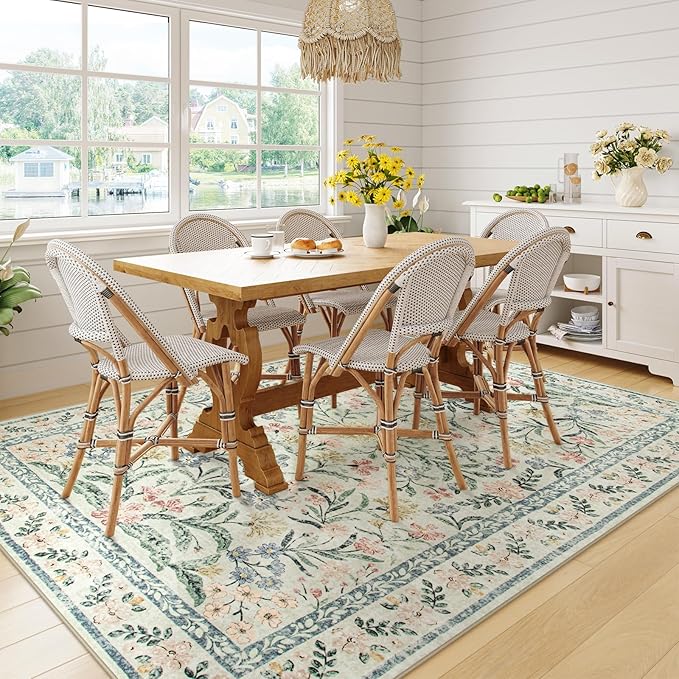 Wonnitar Washable 6x9 Area Rugs, Soft Floral Rug for Bedroom Kids Playroom Light Colored Carpet, Non Slip Ultra-Thin Indoor Beige Carpet for Living Room Classroom Office-Ruum Studio Home