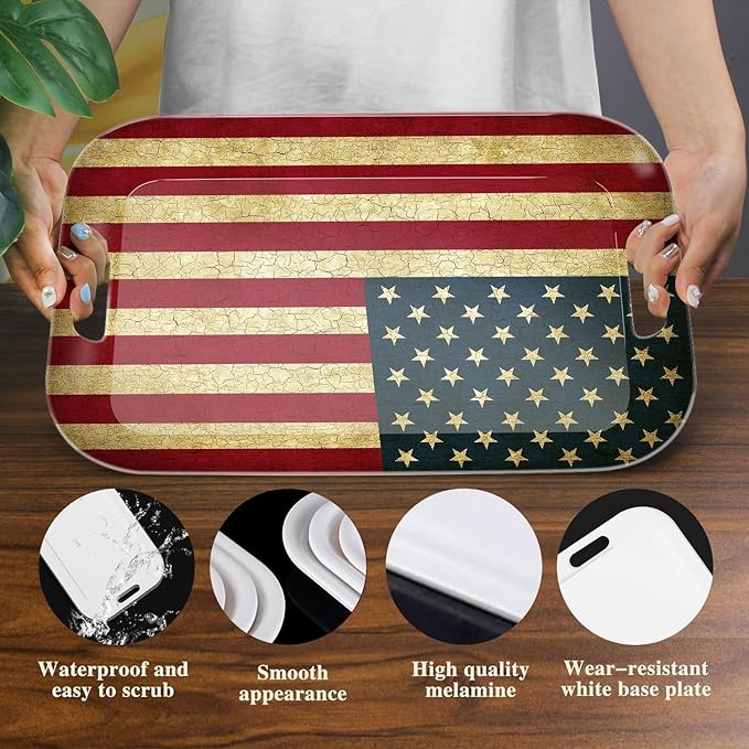 Serving Trays with Handles, 14.5 x 9.8 inch Rectangular Plastic Tray for Restaurant, Kitchen, Vintage United States of America Flag-Ruum Studio Home