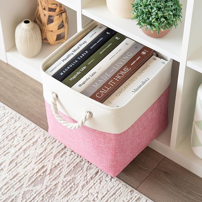 OrganiHaus 11x11 Cube Storage Bins 4 Pack, Foldable Cube Storage Organizer w/ Rope Handles, Collapsible Fabric Bins for Toys, Clothes & Closet Organization, Fabric Square Baskets - Pink/White-Ruum Studio Home