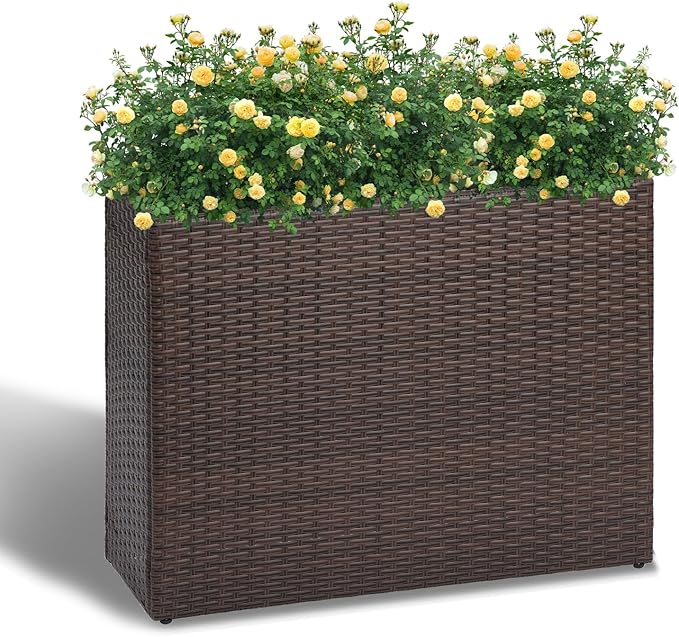 LEWIS&WAYNE Large Rectangular Block Planter Box Handmade Wicker Tall Planters for Outdoor Plants with Removable Liners Modern Planter for Indoor Outdoor Patio Deck - Brown, 32''x11''x24''-Ruum Studio Home