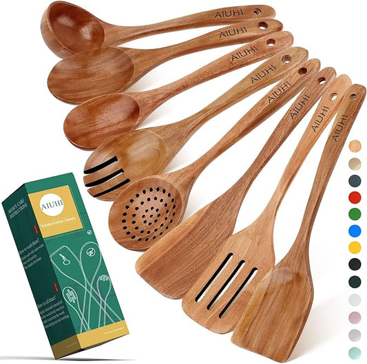 AIUHI Wood Spoons for Cooking, Nonstick Kitchen Utensil Set, Wooden Spoons Cooking Utensil Set Non Scratch Natural Teak Wooden Utensils for Cooking (Teak 8 Pack)-Ruum Studio Home