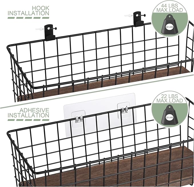 Wall Hanging Baskets 3 Pack, Extra Large Diversified Wire Basket Shelves of Wooden Style, with Wall Mounted Hooks & Traceless Stickers, for Kitchen Coffee Bar Office Room Garage Storage Organization-Ruum Studio Home