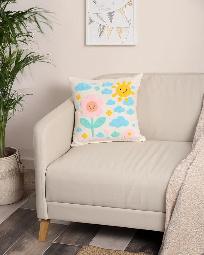 katre home madame & textile Throw Pillow Cover – Sun & Cloud Punch Needle Cushion 18x18 inch – Handmade Embroidered Boho Cotton Pillow for Couch, Bed or Nursery Room Decor-Ruum Studio Home