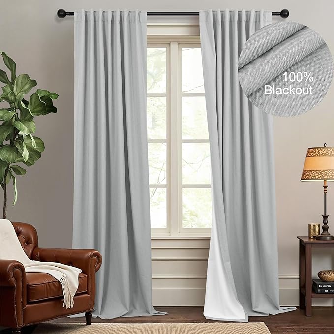 Elegant Light Grey 100% Black Out Curtains 96 Inch Length 2 Panel for Living Room Darkening White Back Tab Thermal Insulated Long Drape Complete Blackout Linen Textured Curtain for Bedroom Dove Gray-Ruum Studio Home
