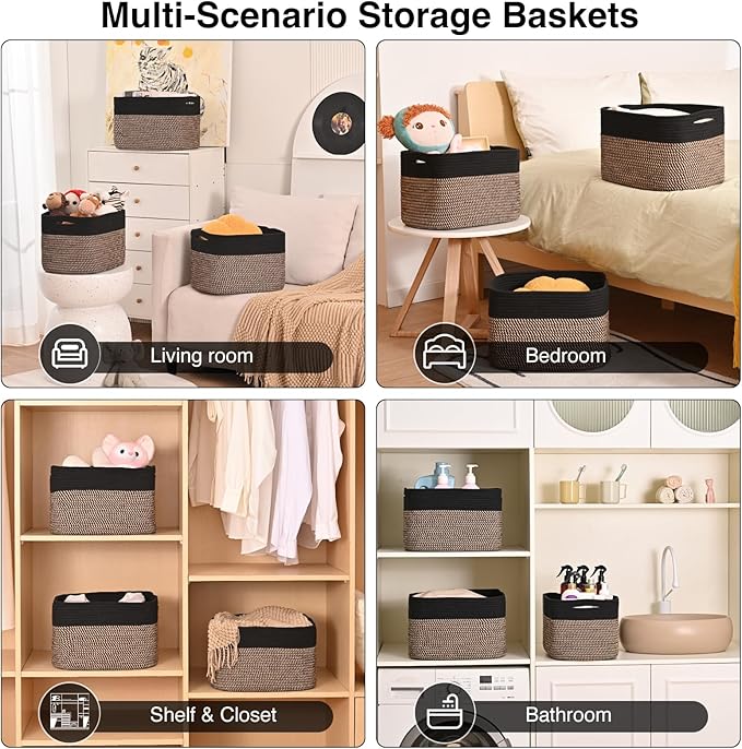 Storage Baskets for Organizing Shelves, Toy Basket for Kid's Room, Woven Cotton Rope Basket for Decor, Organizing Baskets for Bedroom Living Room, 15"x11"x9.5", 3 Packs, Black & Jute-Ruum Studio Home